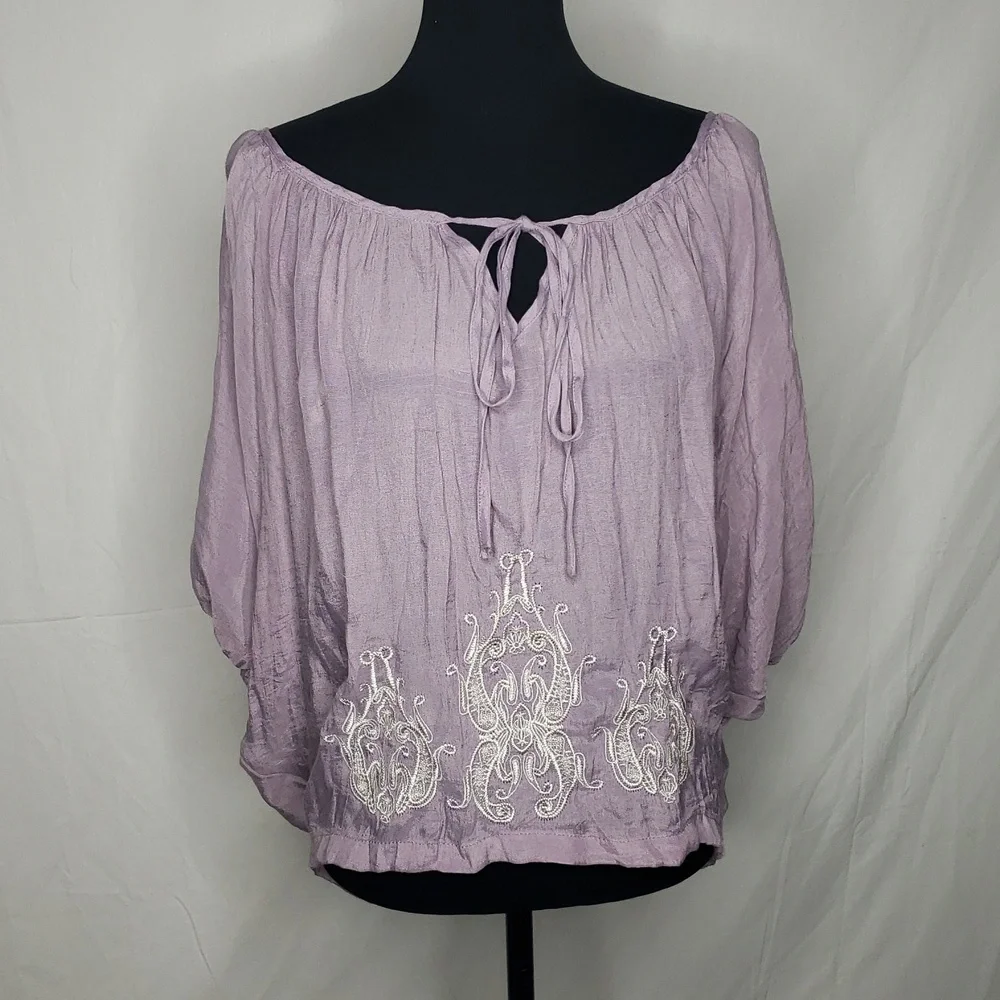 Gemstone Boat Neck Embroidered Lantern Long Sleeves Blouse Top Size M Bohemian